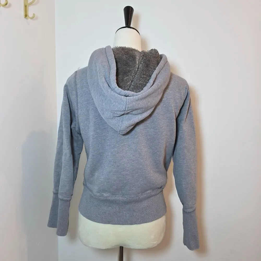 Vtg Womens Y2k Hoodie Sweatshirt Size L Full Zip Sherpa Spellout Gray Cropped